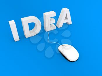 Idea and computer mouse on a blue background. 3d render illustration.