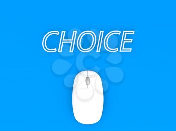 Computer mouse and the word CHOICE on a blue background background. 3d render illustration.