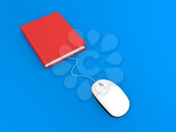 Book and computer mouse on a blue background. 3d render illustration.

