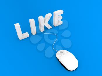 Like and computer mouse on a blue background. 3d render illustration.