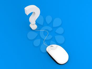 Question mark and computer mouse on a blue background. 3d render illustration.