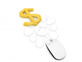 Dollar sign and computer mouse on a white background. 3d render illustration.