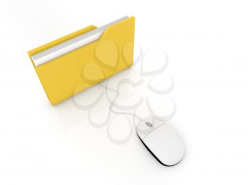 Computer folder and computer mouse on a white background. 3d render illustration.
