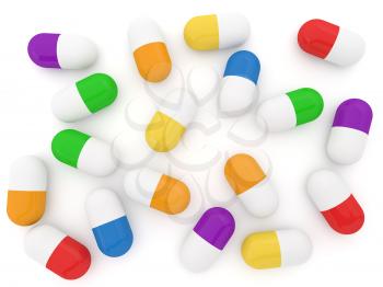 Pills on a white background top view. 3d render illustration.

