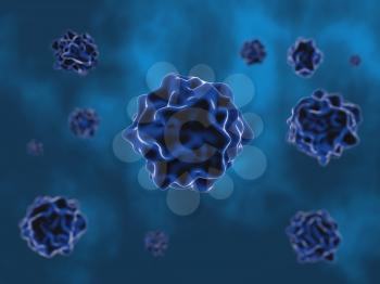 Abstract image of a medical virus on a blue background. 3d render illustration.