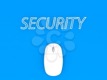 Computer mouse and the word SECURITY on a blue background background. 3d render illustration.