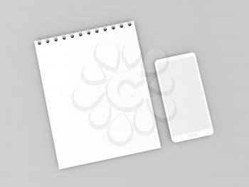 Notepad and mobile phone on a gray background. 3d render illustration.