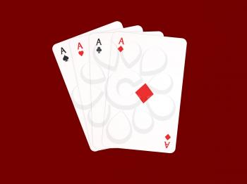 Four aces playing cards on a red background. 3d render illustration.