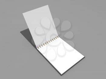 Open blank notebook on a gray background. 3d render illustration.