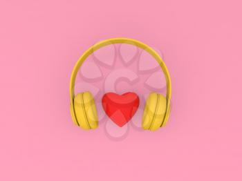 Wireless headphones and a heart on a red background. 3d render illustration.