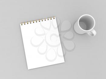 Notebook and mug mock up on gray background. 3d render illustration.