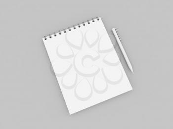 Blank notebook and pen on a gray background. 3d render illustration.
