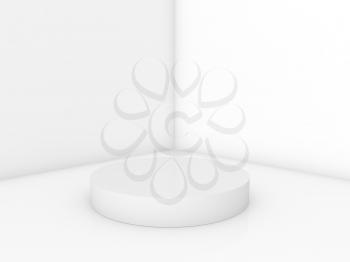 Mock up white round podium on a white background. 3d render illustration.