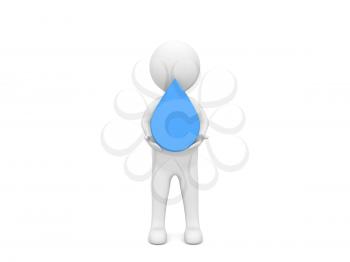 3d character businessman and a drop of water in hands on a white background. 3d render illustration.
