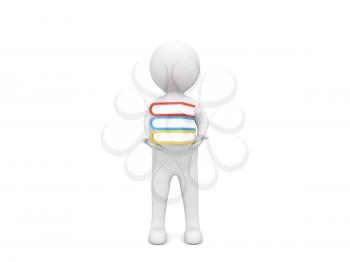 3d character holds books in hands on a white background. 3d render illustration.