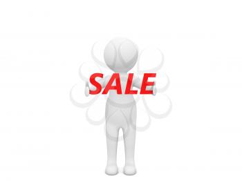 3d character and the word sale on a white background. 3d render illustration.