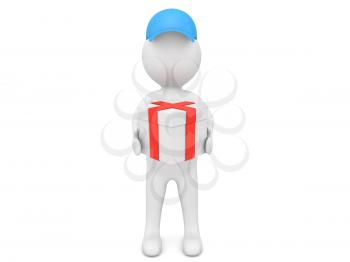 3d character is holding a gift on a white background. 3d render illustration.