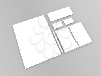 Sheet of paper, pen, business cards, spiral notebook on a gray background. 3d render illustration.