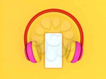 Headphones and smartphone mockup on a yellow background. 3d render illustration.