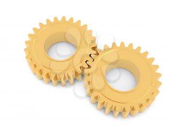 Golden gears on a white background. 3d render illustration.