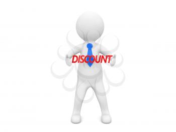 Businessman with word discount on white background. 3d render illustration.