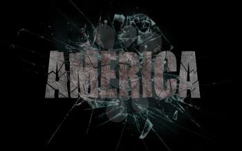Concept of violence or crash, broken glass with the word America
