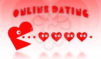 Concept of dating - big Pacman heart hunting small hearts - red