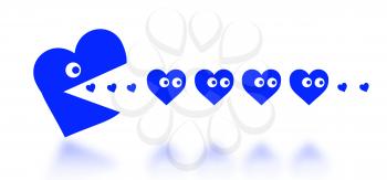 Concept of dating - big Pacman heart hunting small hearts - blue