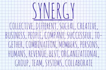 Synergy word cloud written on a piece of paper