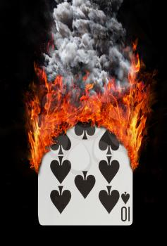 Playing card with fire and smoke, isolated on white - Ten of spades