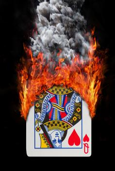 Playing card with fire and smoke, isolated on white - Queen of hearts