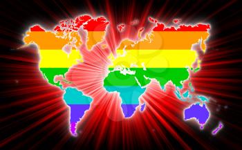 Map of world with starburst on background, Rainbow flag