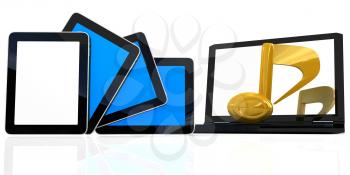 yellow note on the  laptop and  tablet pc on a white background
