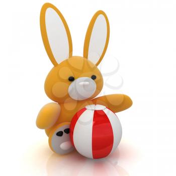 soft toy hare and colorful aquatic ball on a white background
