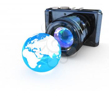 3d illustration of photographic camera and Earth on white background