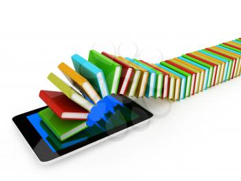 tablet pc and colorful real books on white background