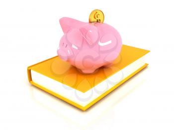Piggy Bank with a gold dollar coin on book on a white background
