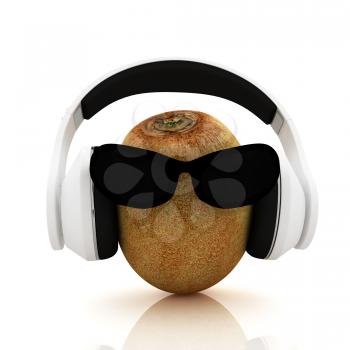 kiwi with sun glass and headphones front face on a white background