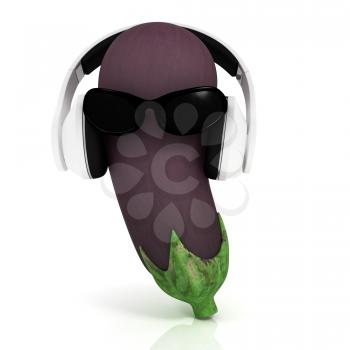 eggplant  with sun glass and headphones front face on a white background