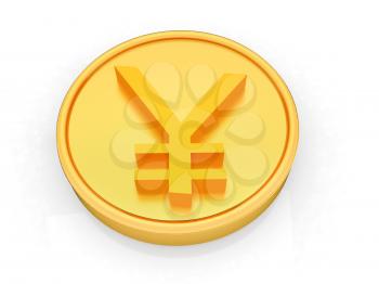 Gold coin with yen sign on a white background