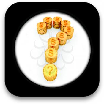 Glossy icon with Question mark in the form of gold coins with dollar sign 