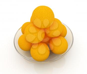 Oranges on a glass plate on a white background