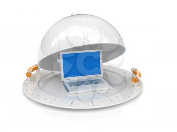 Restaurant cloche and laptop with open lid on a white background