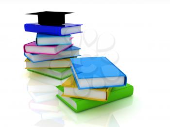 Graduation hat with books on a white background