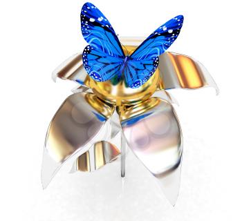 Blue butterflys on a chrome flower with a gold head on a white background 