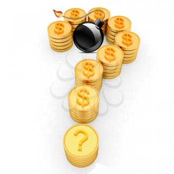 Question mark in the form of gold coins with dollar sign and black bomb burning on a white background