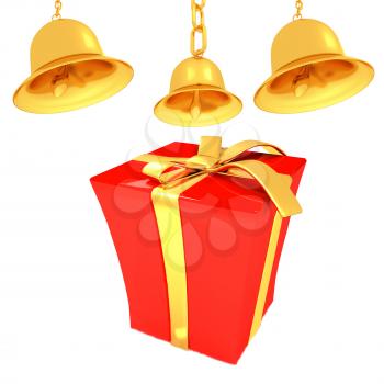 Gold bell and red gift box with golden ribbon on white background