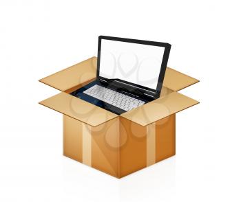 Laptop in cardboard box on a white background