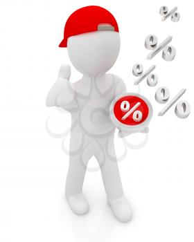 Best percent! 3d man in a red peaked cap keeps the most beneficial interest! On a white background