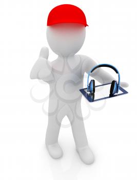 3d white man in a red peaked cap with thumb up, tablet pc and headphones on a white background